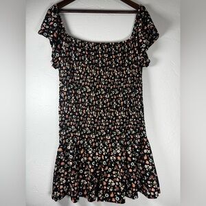 🖤Love +‎ Joy Black Floral Smocked Off-the-Shoulder Ruffle Mini Dress Size XL